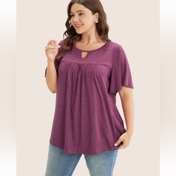 BloomChic Plus Size XL Plain Ruffle Sleeve Keyhole Gathered Crew Neck T-shirt - Picture 3 of 6